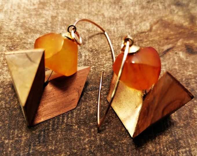 Large geometric wooden earrings with amber made by hand.
