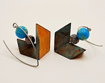 Artistic large earrings with accents of imperial jasper and chrysocolla