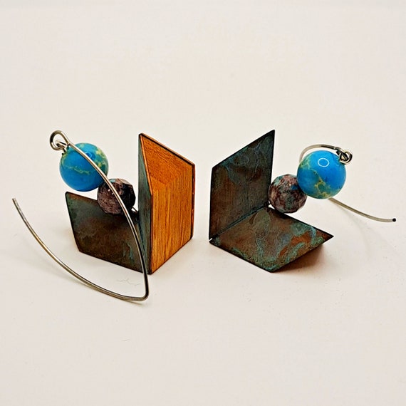 Artistic large earrings with accents of imperial jasper and chrysocolla