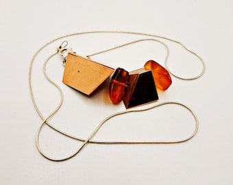 Wood Pendant with Baltic Amber and Copper No 25