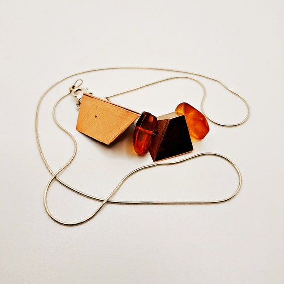 Wood Pendant with Baltic Amber and Copper No 25