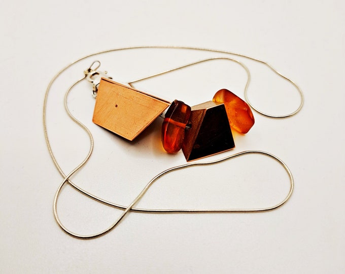 Wood Pendant with Baltic Amber and Copper No 25