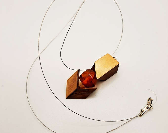 Apple wood and Baltic amber pendant necklace.