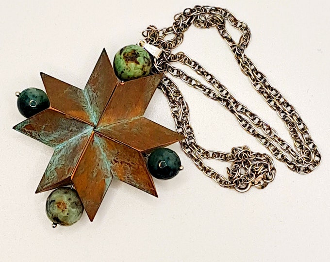 Handcrafted patinated copper necklace with African turquoise and agate.
