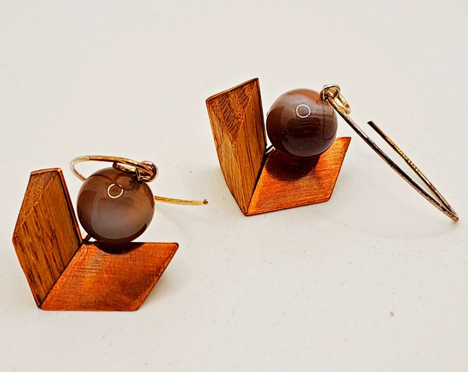 Handcrafted oak and copper earrings with Botswana agate.