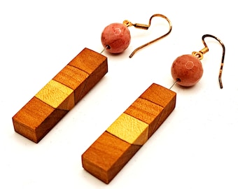 Handcrafted wooden earrings with rhodonite.