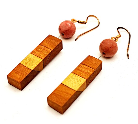 Wooden earrings with rhodonite  made by hand with 925 silver plated with 18-carat gold. A unique jewelry gift. Minimalist Earrings.
