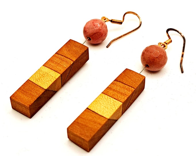 Handcrafted wooden earrings with rhodonite.