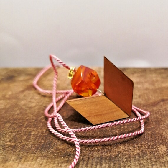 Wood Pendant with Baltic Amber and Copper