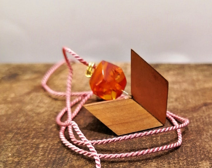 Wood Pendant with Baltic Amber and Copper