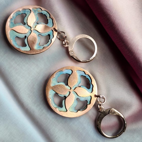 Ginko Ornament Earrings;  Cooper, blue and turquoise