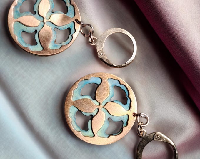 Ginko Ornament Earrings;  Cooper, blue and turquoise