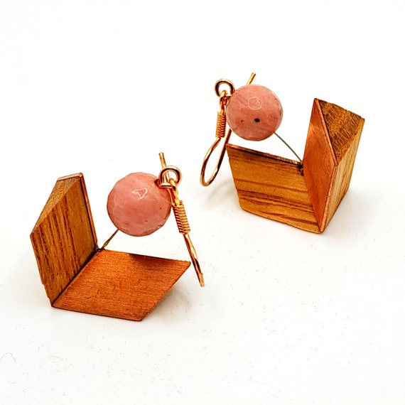 Wooden earrings with rhodonite and cooper