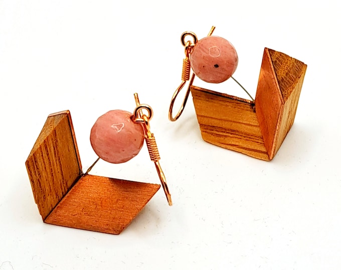 Wooden earrings with rhodonite and cooper
