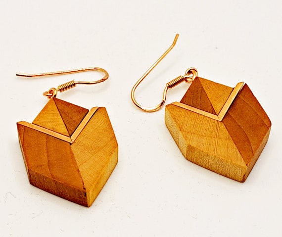 Elegant wooden earrings have a geometric design