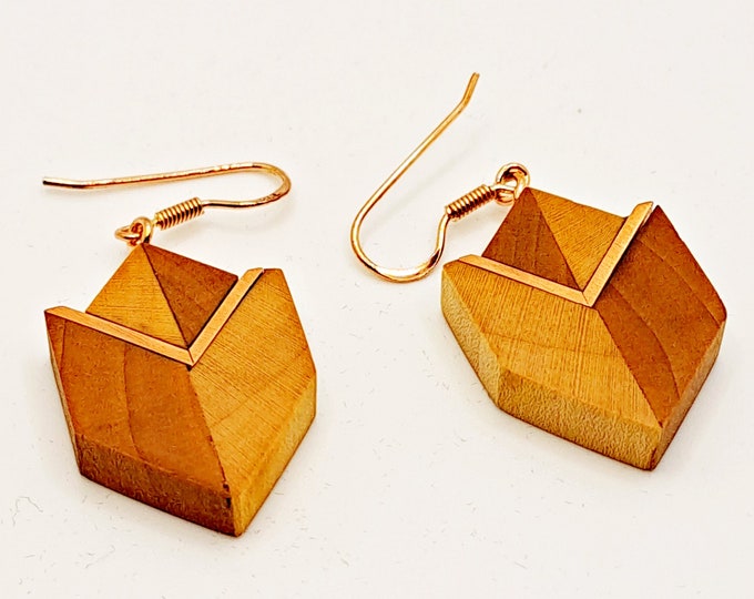 Elegant wooden earrings have a geometric design