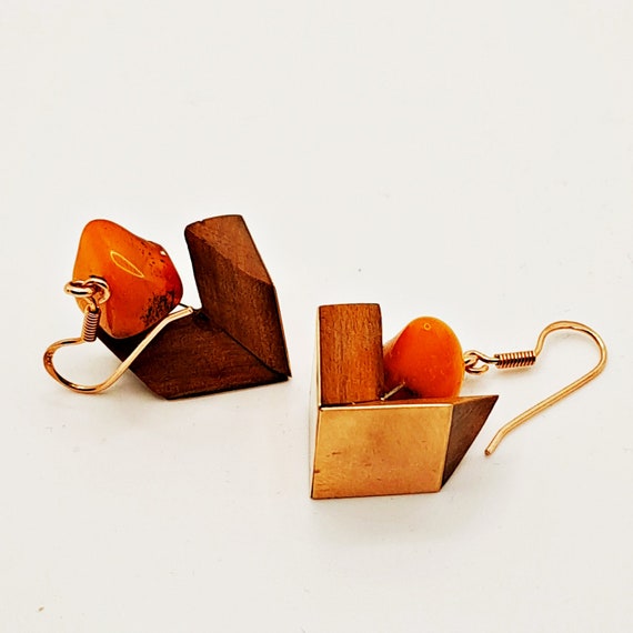 Elegant Handcrafted Earrings: Amber, Wood, and Gilded Earwires