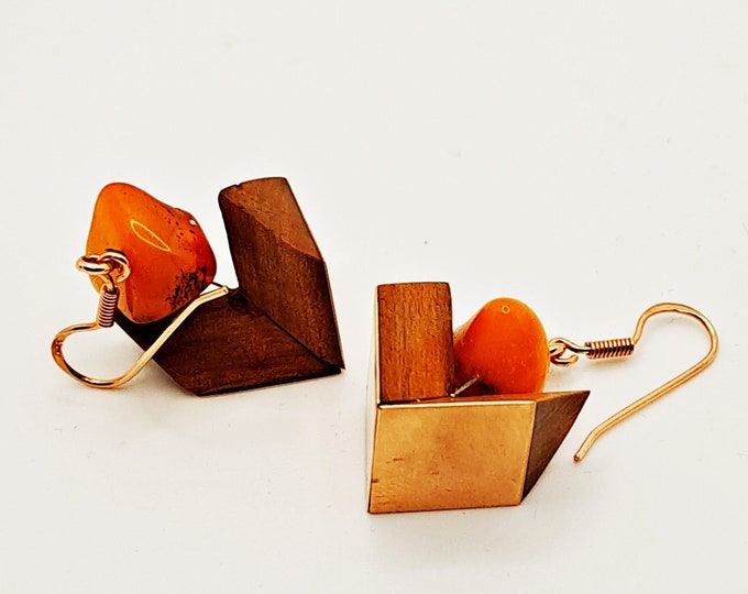Elegant Handcrafted Earrings: Amber, Wood, and Gilded Earwires