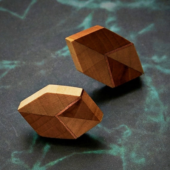 Wood Earrings "Duo Mini and Copper", pin with a lamb, silver AG 925;  bizuZdrewna