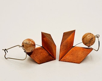 Minimalist earrings with Jasper stone,wood and copper.