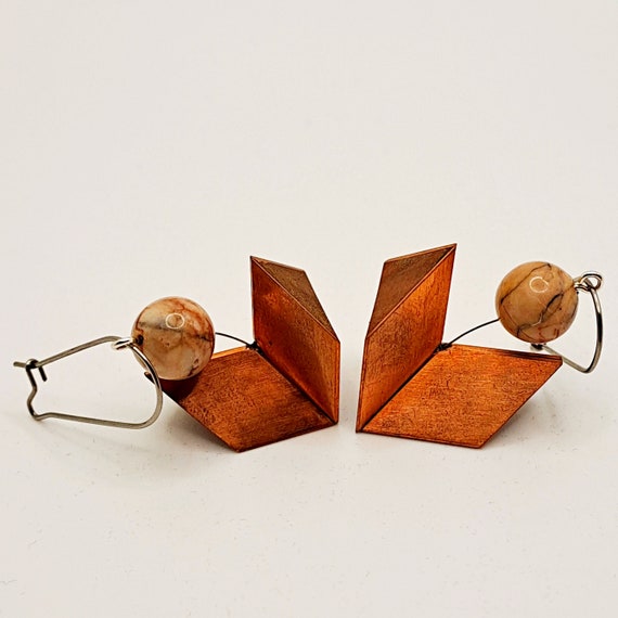 Minimalist earrings with Jasper stone,wood and copper.
