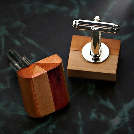Beautifully crafted wood cufflinks with a geometric shape.