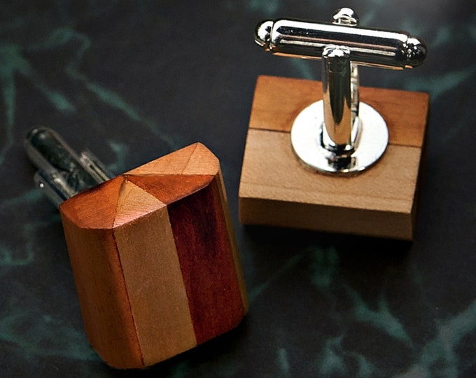 Beautifully crafted wood cufflinks with a geometric shape.