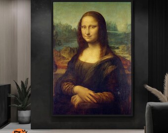 May include: A painting of the Mona Lisa, a famous portrait by Leonardo da Vinci. The painting depicts a woman with a soft smile, wearing a dark dress and sitting in front of a landscape background.