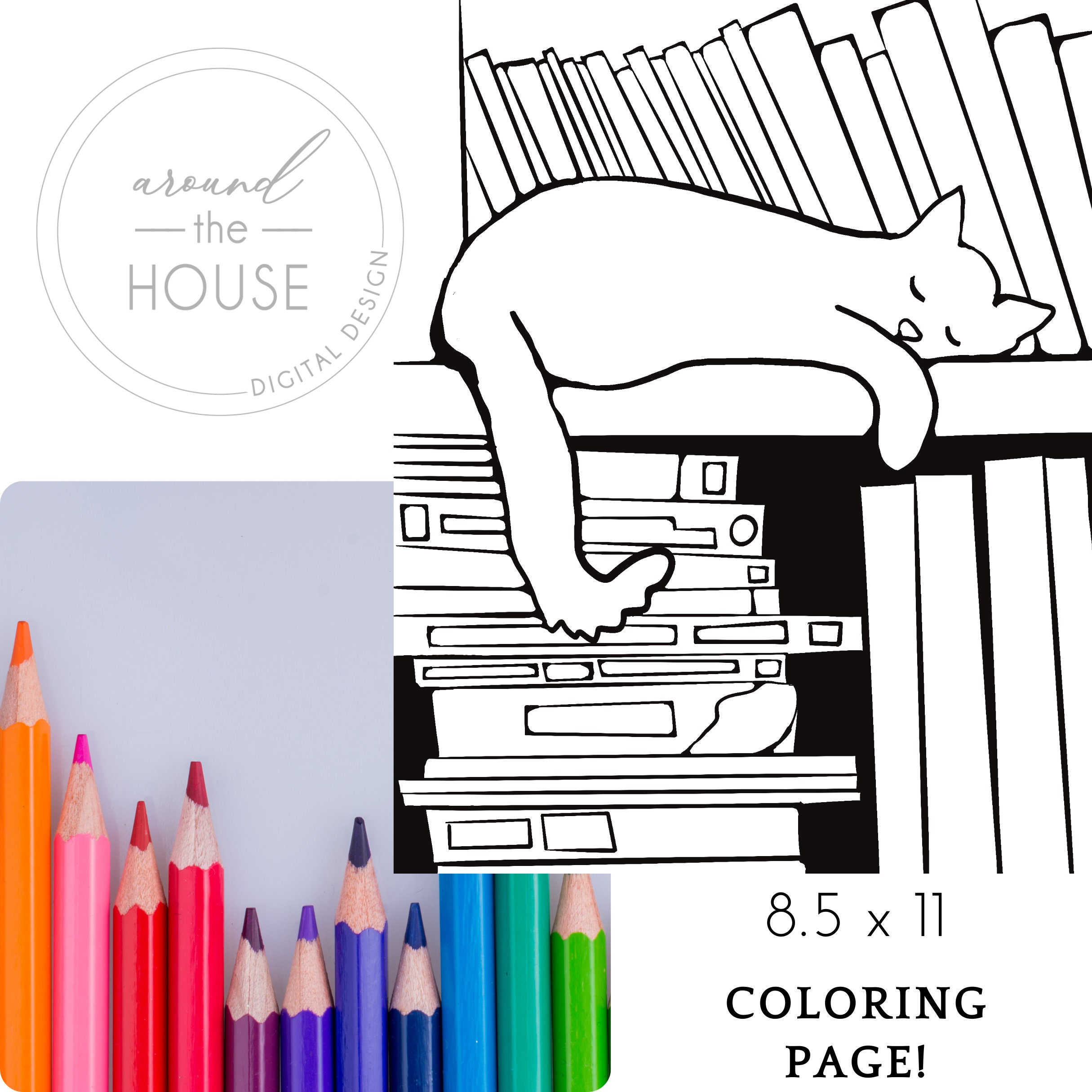 8.5x11 Instant Digital Download Coloring Page “ Cozy Cat Nap Among the ...