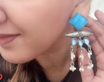 Dilbaro Stone Studded Earrings, Long Dangle Earring, Turquoise Earrings, Stylish Indian Earrings, Stone Earrings, Pearl Earrings, Pearls