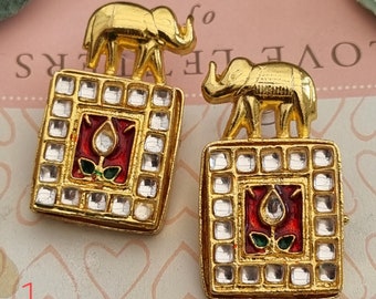 Boucles d'oreilles Dilbaro éléphant en or, Boucles d'oreilles éléphant indien, Boucles d'oreilles carrées Kundan, Boucles d'oreilles boîte en or, Boucles d'oreilles éléphant du Tibet