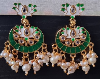 Pendiente de flor Dilbaro Meenakari, pendientes de perlas pintados a mano, pendiente de oro Kundan, pendiente indio de esmalte, pendientes pequeños de Meenakari