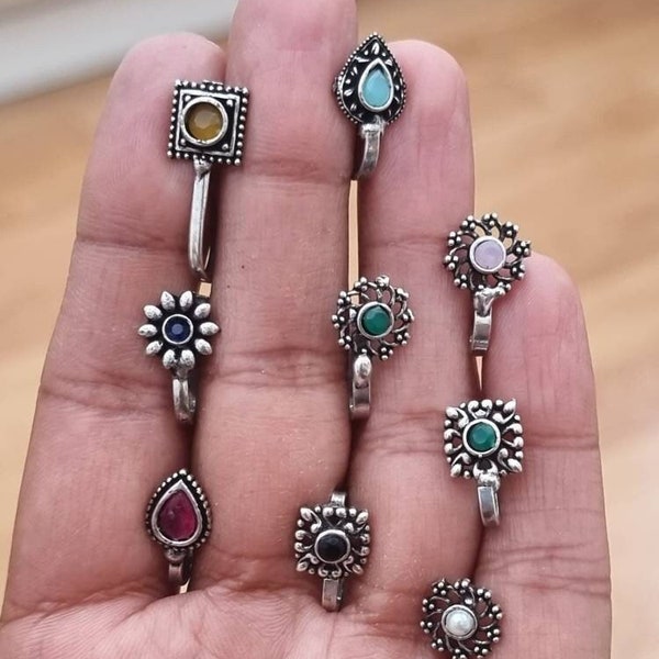 Silver Nose Ring, Oxidized Stone Nose Pin, Indian Nose Ring, Clip on Nose Ring, Indian Nose Pin, Crystal Nose Pin, Boho Nose Pin, Stone Nath