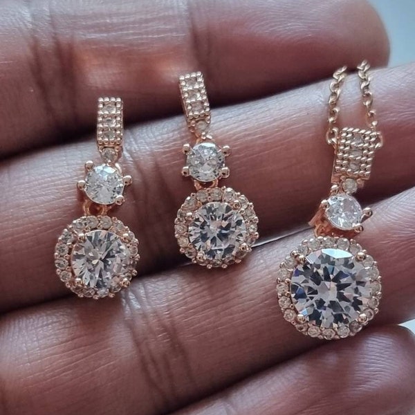 Rose Gold Jewelry Set, Small Gold Jewelry Set, Bride Earrings Necklace Set, Diamond Pendant Necklace Chain Jewelry Set, Small Diamond Studs