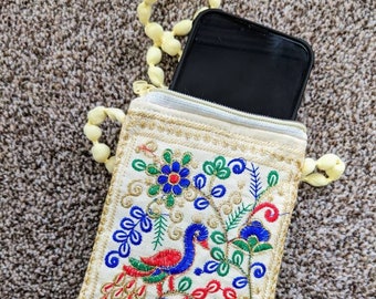 Silk Mobile Phone Bag with Neck Strap, Embroidered Handmade Mobile Phone Sleeve with Lanyard, iPhone 13 case, Unique Peacock Phone Pouch