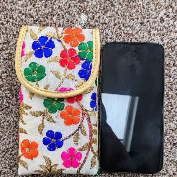 Silk Mobile Phone Sleeve with waist clip, Embroidered Glasses Pouch, Unique Flower Cell Bag, iPhone13 case, Small Travel Pouch