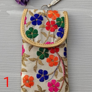 Silk Mobile Phone Sleeve with waist clip, Embroidered Glasses Pouch, Unique Flower Cell Bag, iPhone13 case, Small Travel Pouch Pattern 1