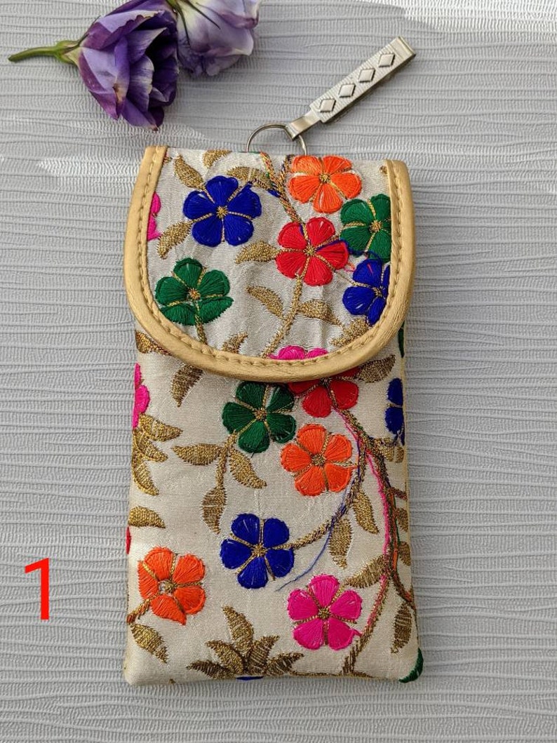 Silk Mobile Phone Sleeve with waist clip, Embroidered Glasses Pouch, Unique Flower Cell Bag, iPhone13 case, Small Travel Pouch Pattern 1