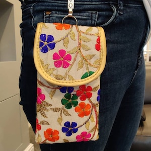 Silk Mobile Phone Sleeve with waist clip, Embroidered Glasses Pouch, Unique Flower Cell Bag, iPhone13 case, Small Travel Pouch zdjęcie 5