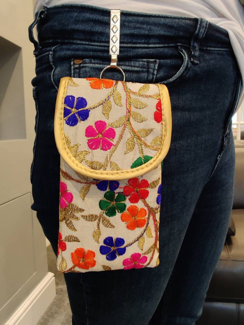 Silk Mobile Phone Sleeve with waist clip, Embroidered Glasses Pouch, Unique Flower Cell Bag, iPhone13 case, Small Travel Pouch zdjęcie 5