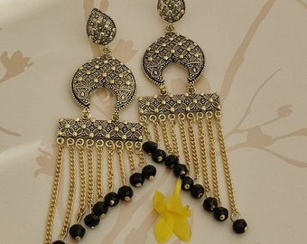 Gold Chain Earrings for Women, Long Gold and Black Dangle Earrings, Persian Earrings, Gold Arabic Earrings, Beaded Dangling Earrings