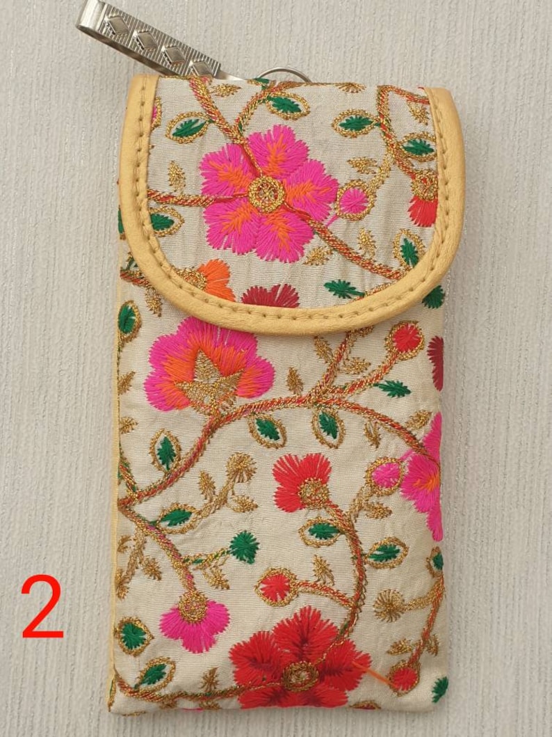 Silk Mobile Phone Sleeve with waist clip, Embroidered Glasses Pouch, Unique Flower Cell Bag, iPhone13 case, Small Travel Pouch zdjęcie 6