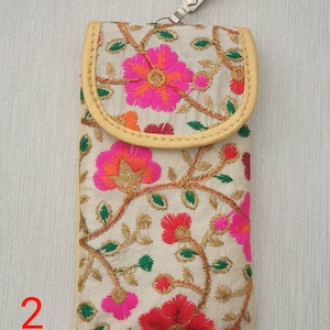 Silk Mobile Phone Sleeve with waist clip, Embroidered Glasses Pouch, Unique Flower Cell Bag, iPhone13 case, Small Travel Pouch Pattern 2