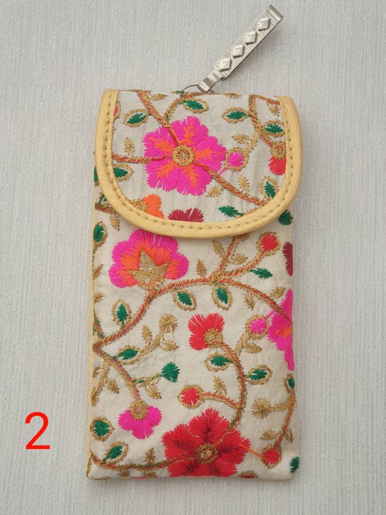 Silk Mobile Phone Sleeve with waist clip, Embroidered Glasses Pouch, Unique Flower Cell Bag, iPhone13 case, Small Travel Pouch Pattern 2