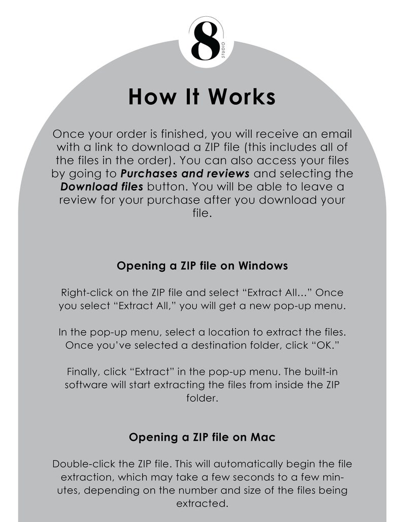 Peut inclure: Un graphique gris et blanc avec le texte "Comment &ccedil;a marche" et des instructions sur la fa&ccedil;on d'ouvrir un fichier ZIP sous Windows et Mac.
