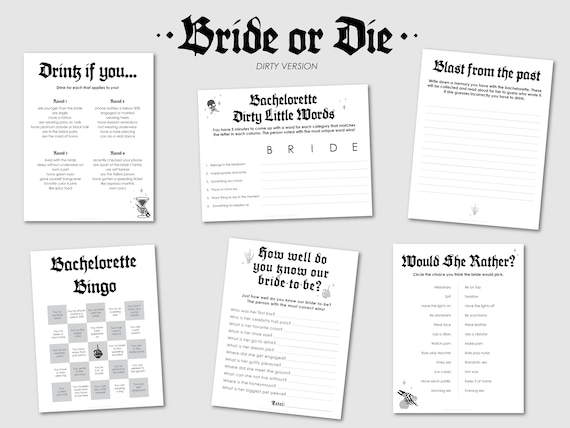 Bachelorette Party Games Bundle, Bachelorette Party Decor, Bingo Signs Favors Funny Dirty Clean, Bride or Die