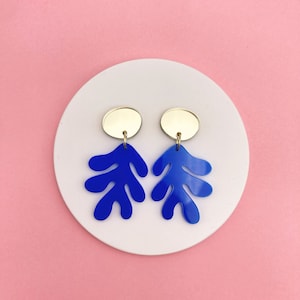 Matisse Inspired Blue and Gold Coral Drop Acrylic Earrings