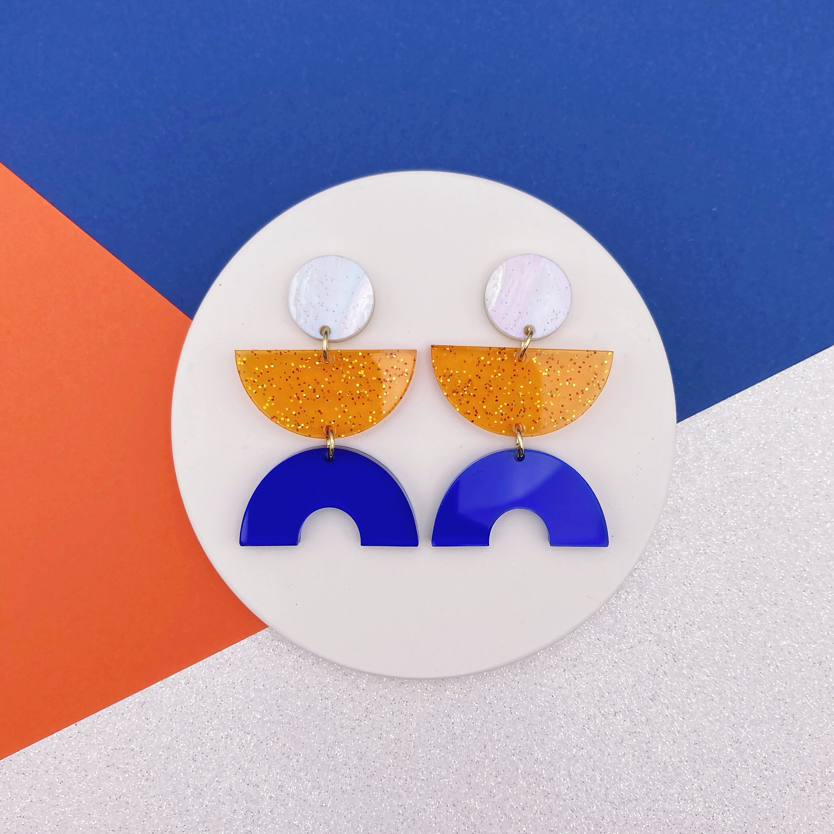 Orange Glitter and Blue Geometric Drop Acrylic Earrings - Etsy