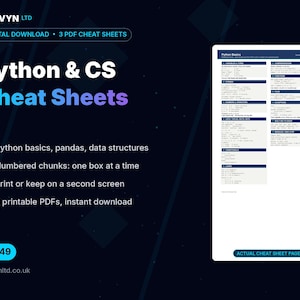 May include: A digital download set of three Python and CS cheat sheets featuring technical programming information. The document displays Python basics, data structures, and syntax in a structured layout with dark blue headers and white text.