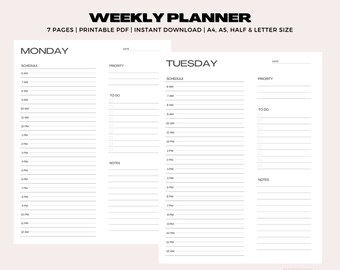 Planificador Semanal Minimalista, Horario Semanal, Horario Diario Imprimible / A4, A5, Medio, Tamaños Carta